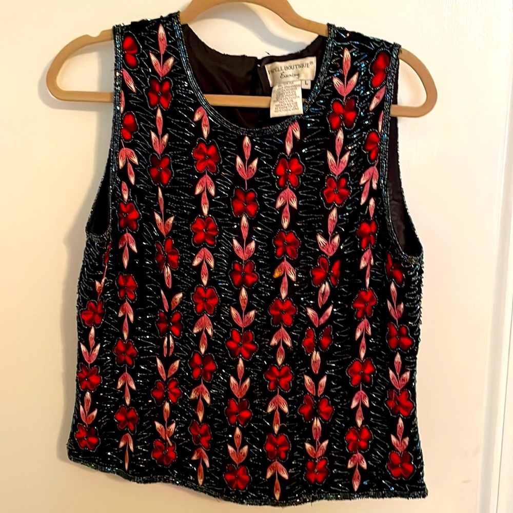 Papell Boutique Vintage Black Silk Beaded Floral Evening Blouse, GUC size large